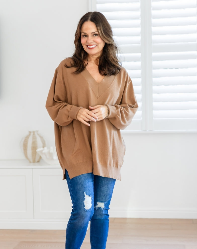 Freez-Ange-V-Neck-Knit-Beige-Front