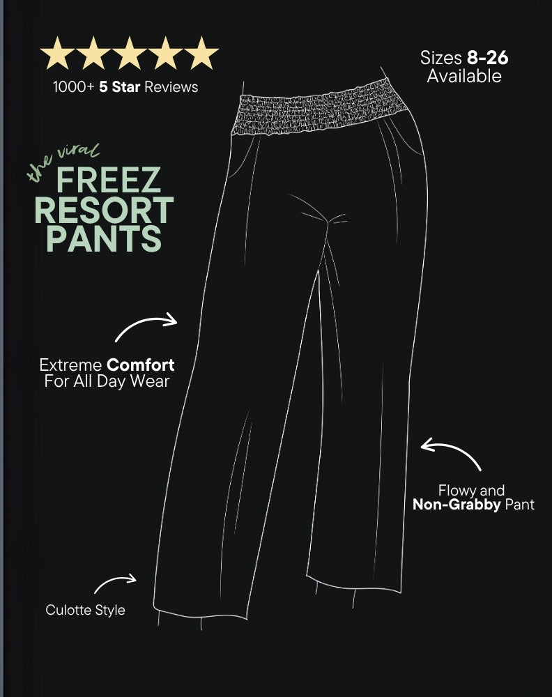 Freez Resort Pants advertisement with a line drawing of pants on a black background, featuring text about comfort and availability.