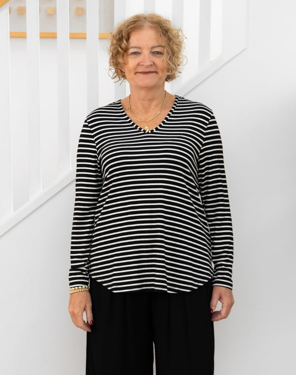 Laney V Neck Tee - Black/White Stripe