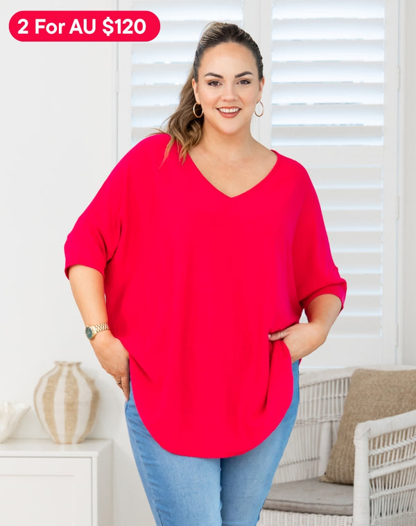 Batwing V Neck Knit - Fuchsia