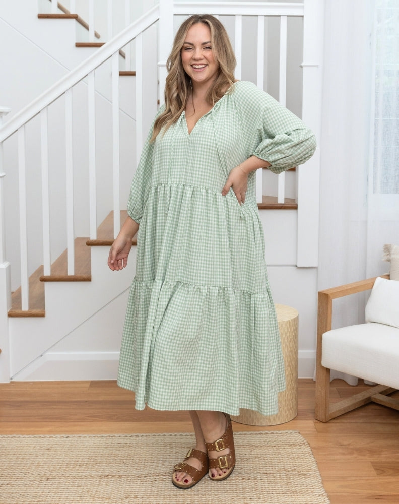 Freez_Amber_Dress_Sage_Gingham_Tiered_Skirt