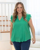 Isla-Frill-Top-Linen-Emerald-V-Neck