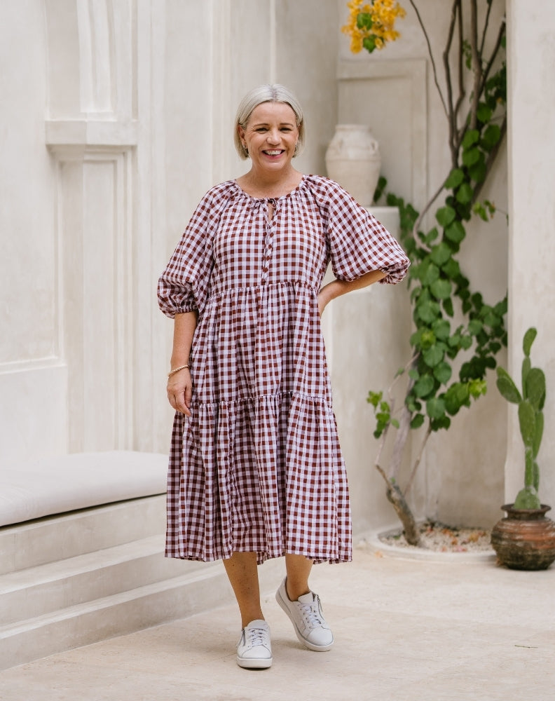 Jacinta Cotton Dress - Coffee Gingham – Freez Clothing