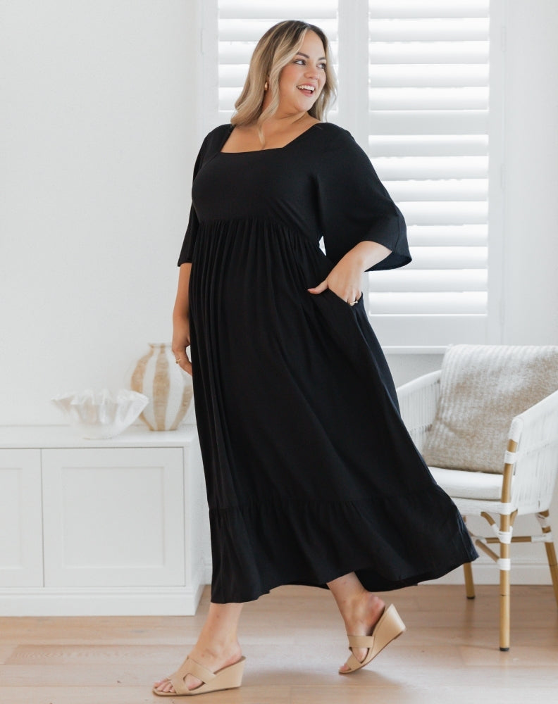 Kalani | Black Crew-Neck Midi Dress With Cape-Sleeves